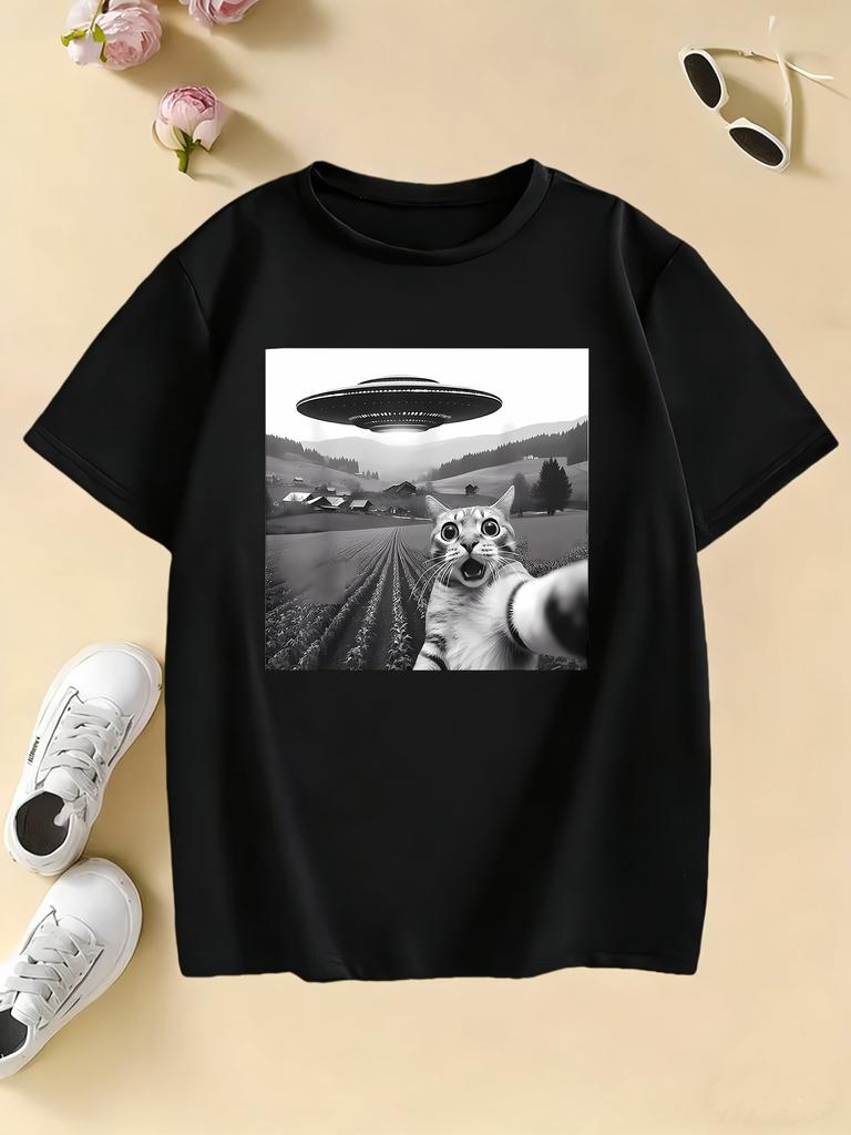 Funny Casual Ufo Cat Kawaii Design Print T Shirts Kids Children's T-shirt Anime Boys Girls Summer Spring Casual Top Tee S-5XL