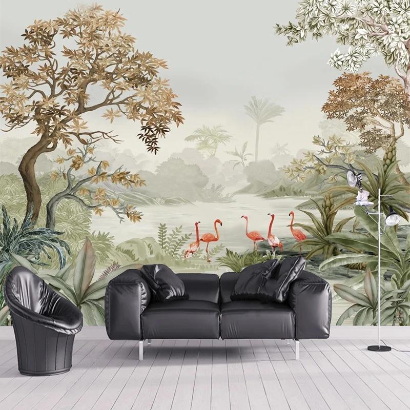 Nordic Wallpaper Tropical Forest Flamingos Mural Гостиная Спальня Диван Фон Фреска Домашний Декор