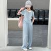 Girls' Summer Set Fashionable and Casual Children's Summer Short Sleeved Wide Legged Long Pants Two-piece Set