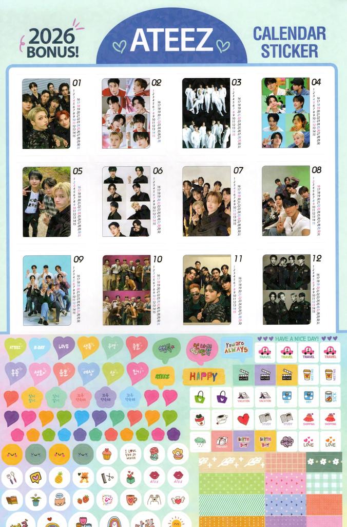 Мерч ATEEZ Большой настенный календарь 2026 Набор наклеек для календаря (Рэйва 8) + К-ПОП