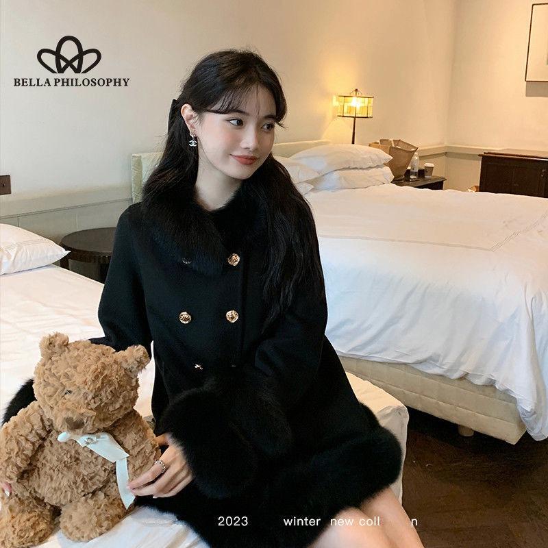 Fall and Winter New Court Style Imitation Fox Hair Splicing Double-breasted Celebrity Thickened Tweed Coat Jacket