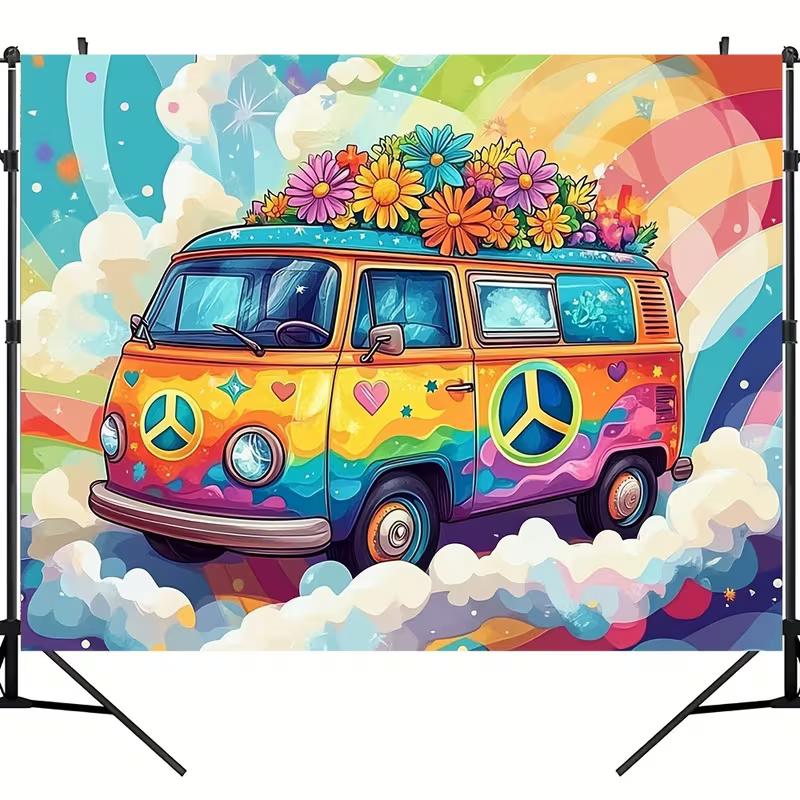 2D Psychedelic Rainbow Sky Peace Bus Themed Photo Booth Banner