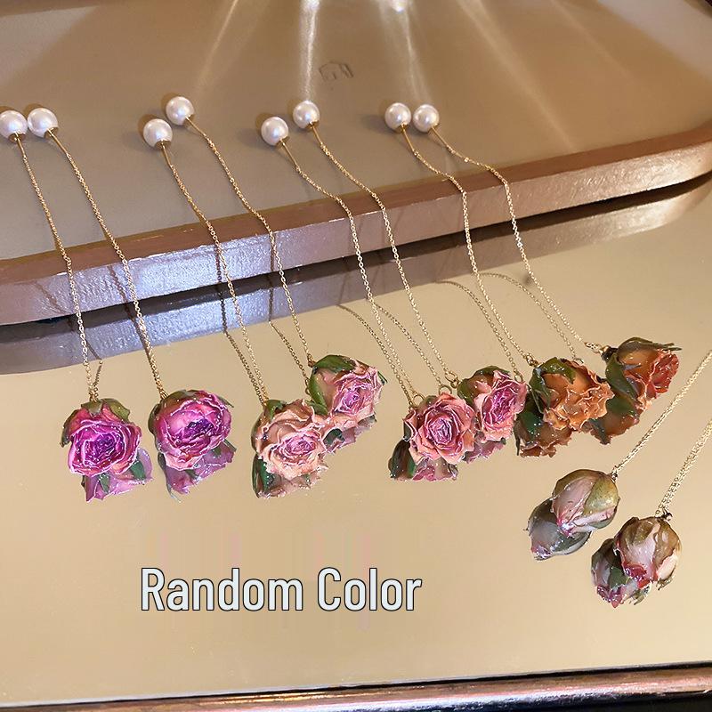 Silver Needle Preserved Flower Earrings - Korean Dongdaemun Style, Super Fairy Dangle Design, Net Red Fashion for Women.