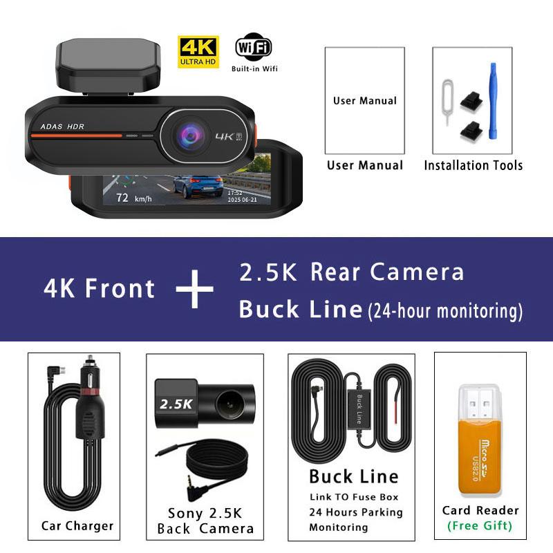 UHD 4K 3840*2160P Видеорегистратор ADAS WiFi GPS Передний 4K Задний 2.5K Видеорегистратор 24H Ночное видение Видеорегистратор Автомобильная камера Черный ящик