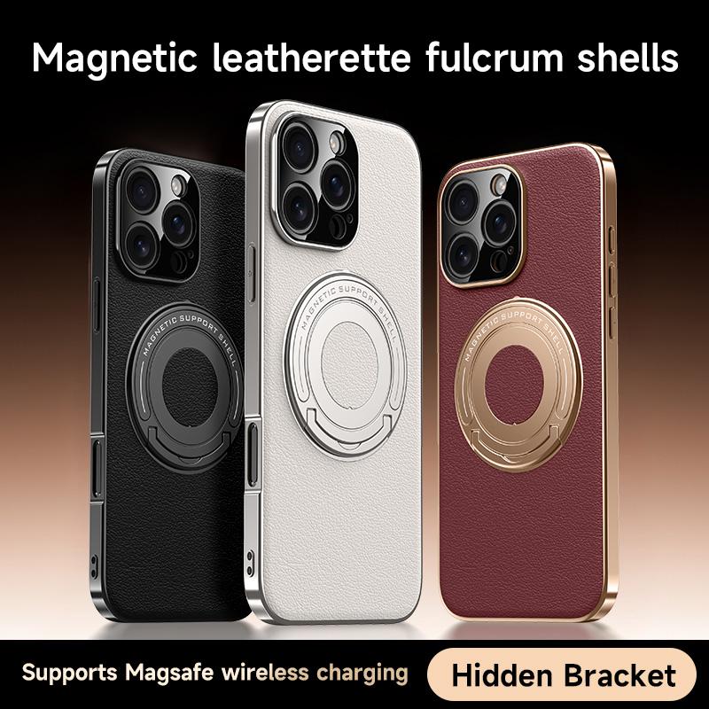 Роскошный Магнитный Чехол-Подставка из Кожзаменителя для iPhone 16 15 14 13 Pro Max Magsafe Беспроводная Зарядка Скрытая Подставка Задняя Крышка
