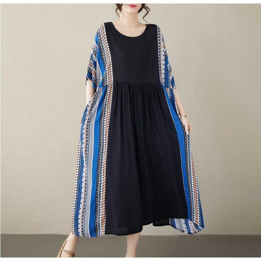 Cotton Linen Plus Size Vintage Printed Dresses Autumn Clothing Women Casual Loose Long Summer Dress
