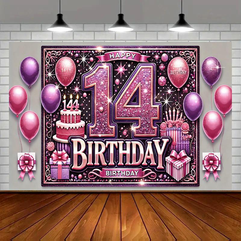 A beautiful purple 14th birthday banner, polyester fabric party backdrop, for family and garden use