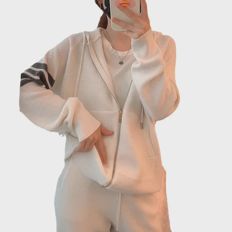 Женский повседневный спортивный костюм весна/осень: Модный комплект из двух частей: свитер-пиджак большого размера с четырьмя полосками