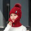 Women Wool Knitted Hat Ski Hat Sets Windproof Winter Outdoor Knit Thick Siamese Scarf Collar Warm Keep Face Warmer Pompoms Cap