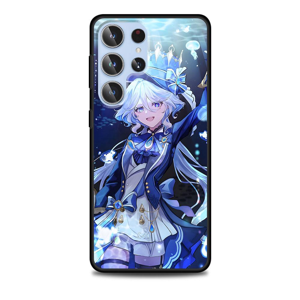 Милый Чехол Furina Genshin Impact для Samsung Galaxy S23 S21 S20 FE S24 S22 Ultra S10 S10e S9 Plus Мягкий Черный ТПУ Чехол для Телефона