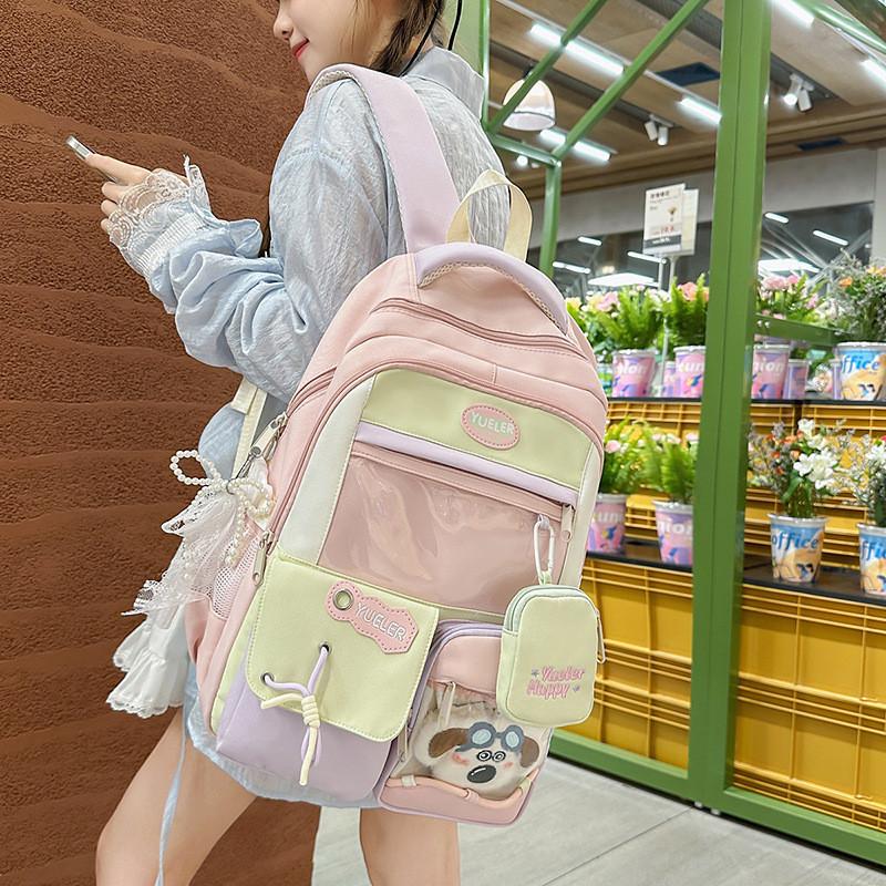 Sweet Blocked Color Letter Patter Student Backpack With Compartment Transparent
