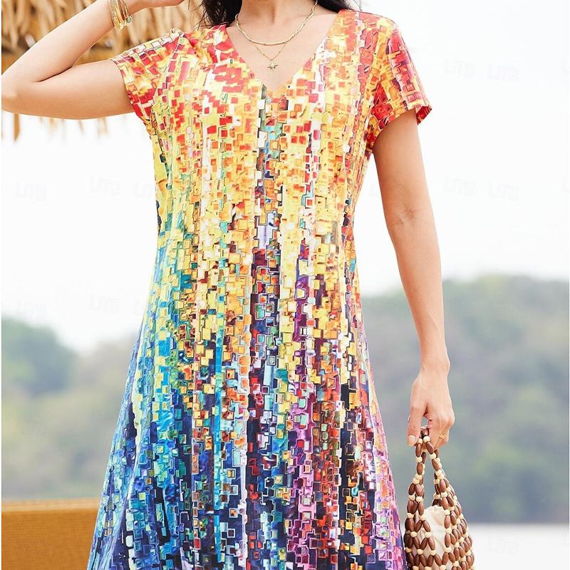 Summer Fashion Women's V Neck Short Sleeve Retro Simple Printed Dress Sex Short Skirt Dresses