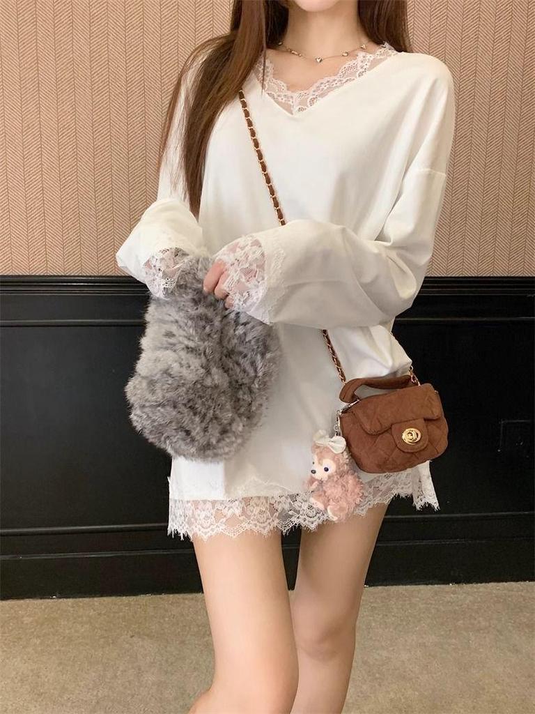 Осень/Зима Корейский Свободный Пуловер С V-образным Вырезом и Кружевными Вставками