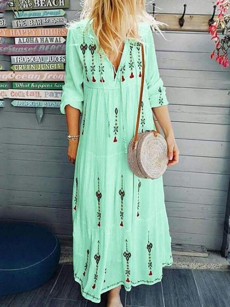 Women's Maxi Dress V-Neck Half Sleeve Multicolor Printed Long Dress Boho Dress