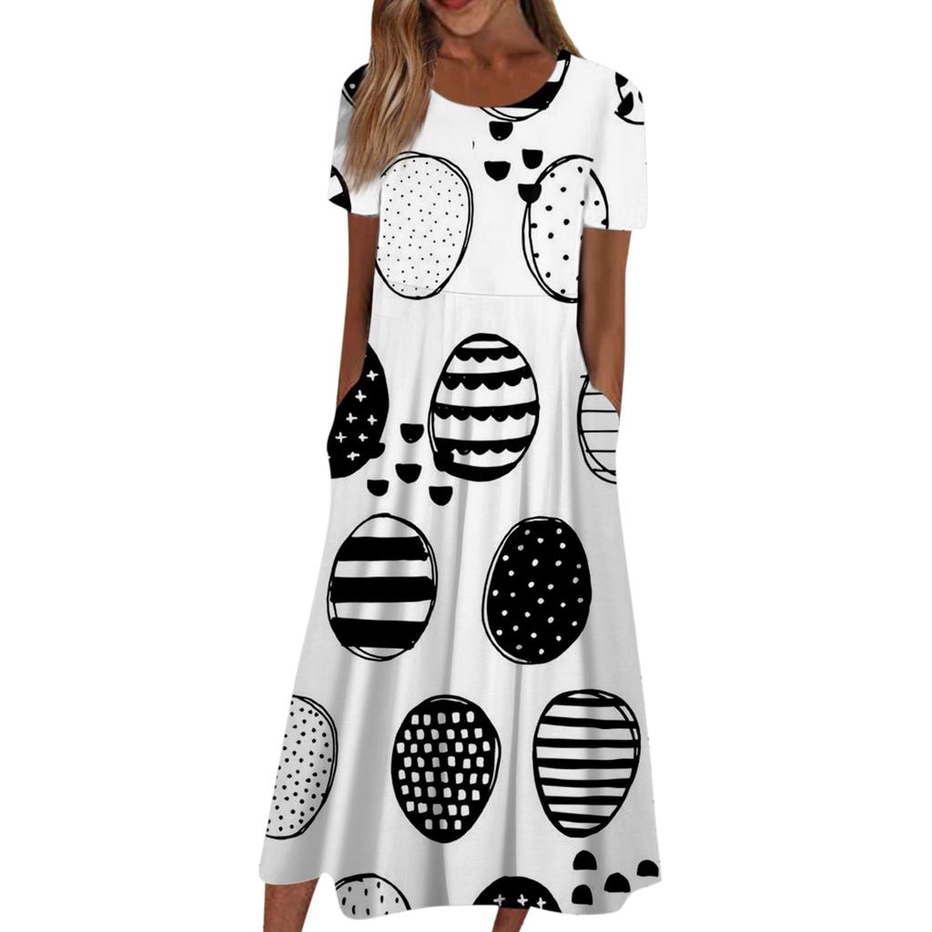 Женское летнее повседневное модное пасхальное платье с коротким рукавом и карманом с круглым вырезом