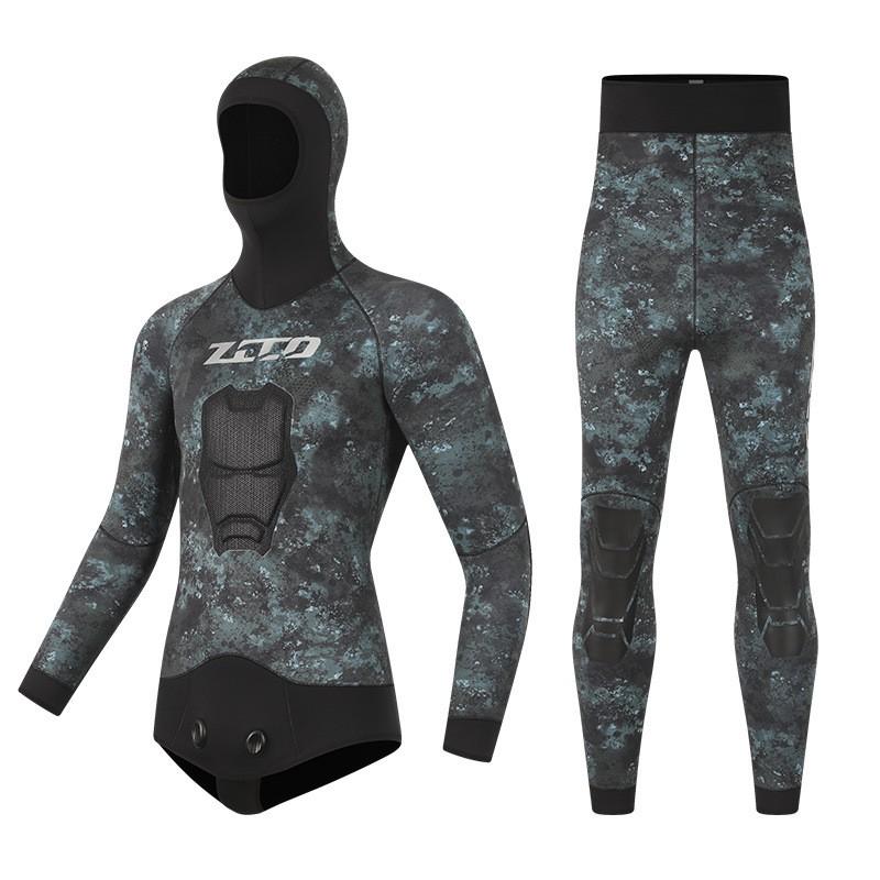 5mm Mens Split Wetsuit Hooded Camouflage CR Neoprene Diving Suit Warm Surfing Winter Swimsuit