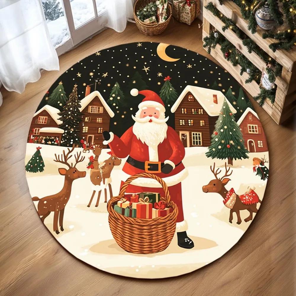 Cute Santa Claus Round Bath Mat for Kids Bathroom Decor Plush Soft Floor Rug for Nursery Bathroom