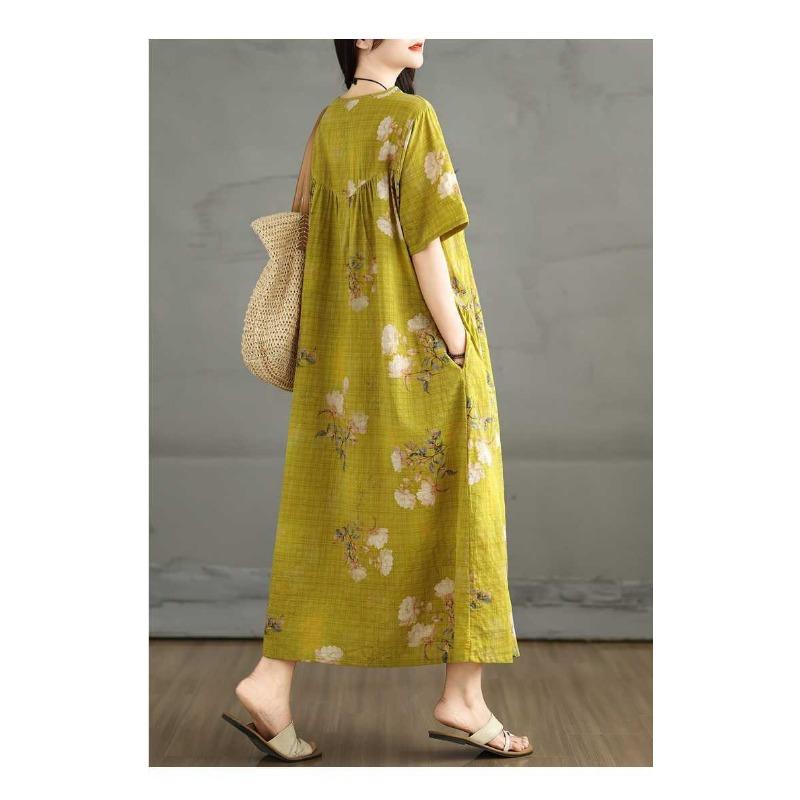 Летнее ретро платье из хлопка и льна с круглым вырезом и короткими рукавами, женская свободная юбка