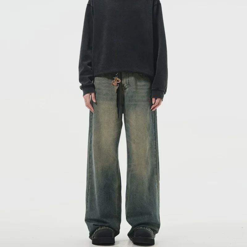 «Осенние ретро мужские джинсы желтого цвета с широкими штанинами грязевого цвета: Американский бренд, свободный крой, стираный и состаренный».