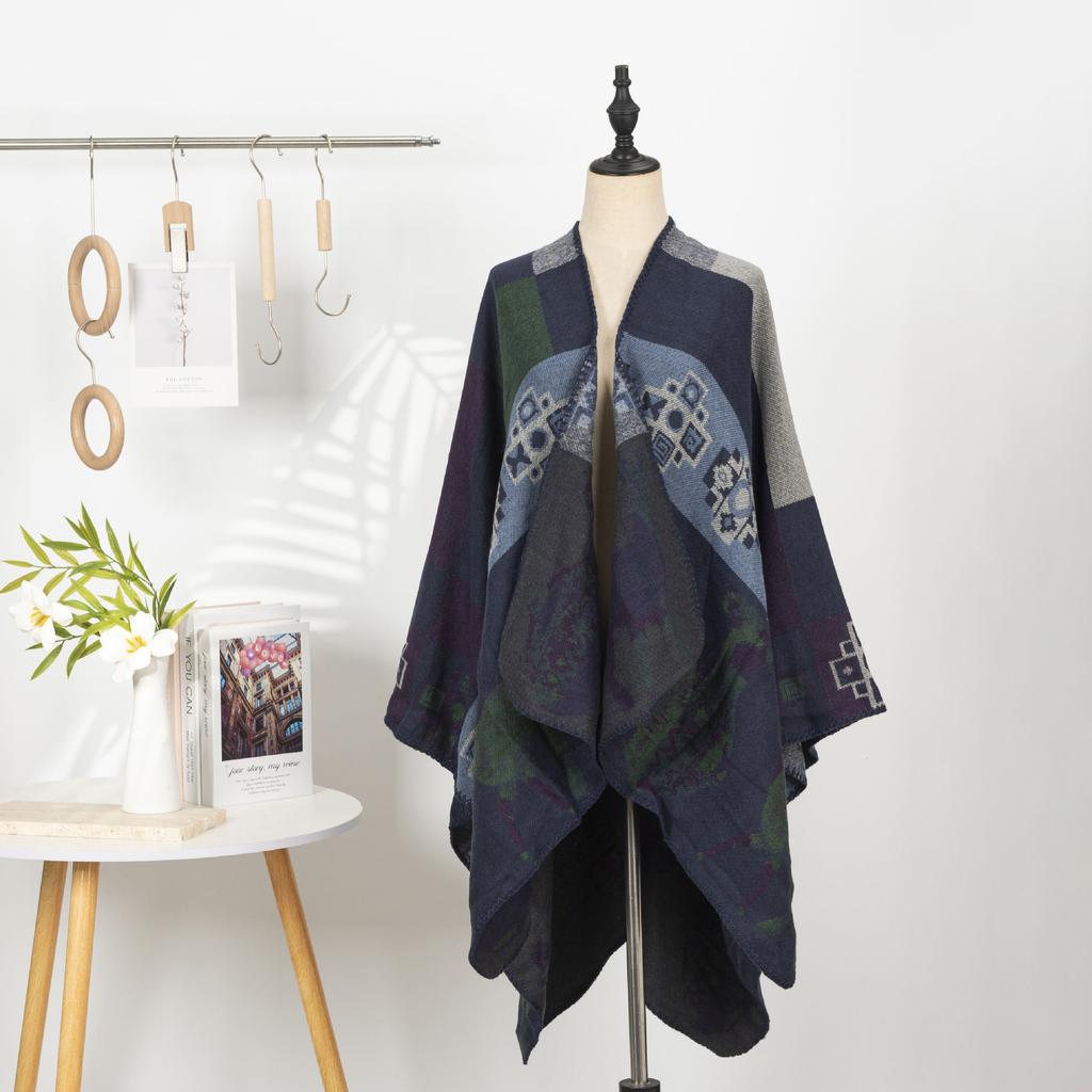 Этнический стиль Принтованная шаль Имитация кашемира Кейп с разрезами Теплый шарф Куртка Ретро Литературный Большая шаль Женская