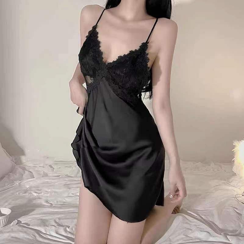 Korean Style Ice Silk Lace Backless Nightdress - Summer Sleepwear Short Skirt for Small Chest