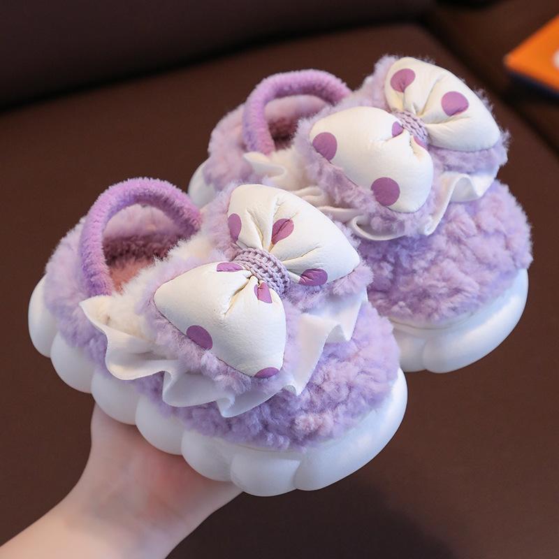 Fashion Cute Children's Cotton Slippers Baby Girl Princess Bow Velvet Thermal Shoes Winter Indoor Home Cotton Mop