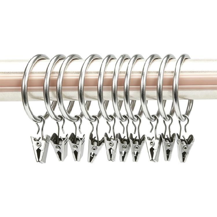 Pack of 10 Multipurpose Metal Curtain Rings with Clips 25 mm Interior Diameter for Curtain Rod, Drapery Hangers Easy Installation for Home Decors