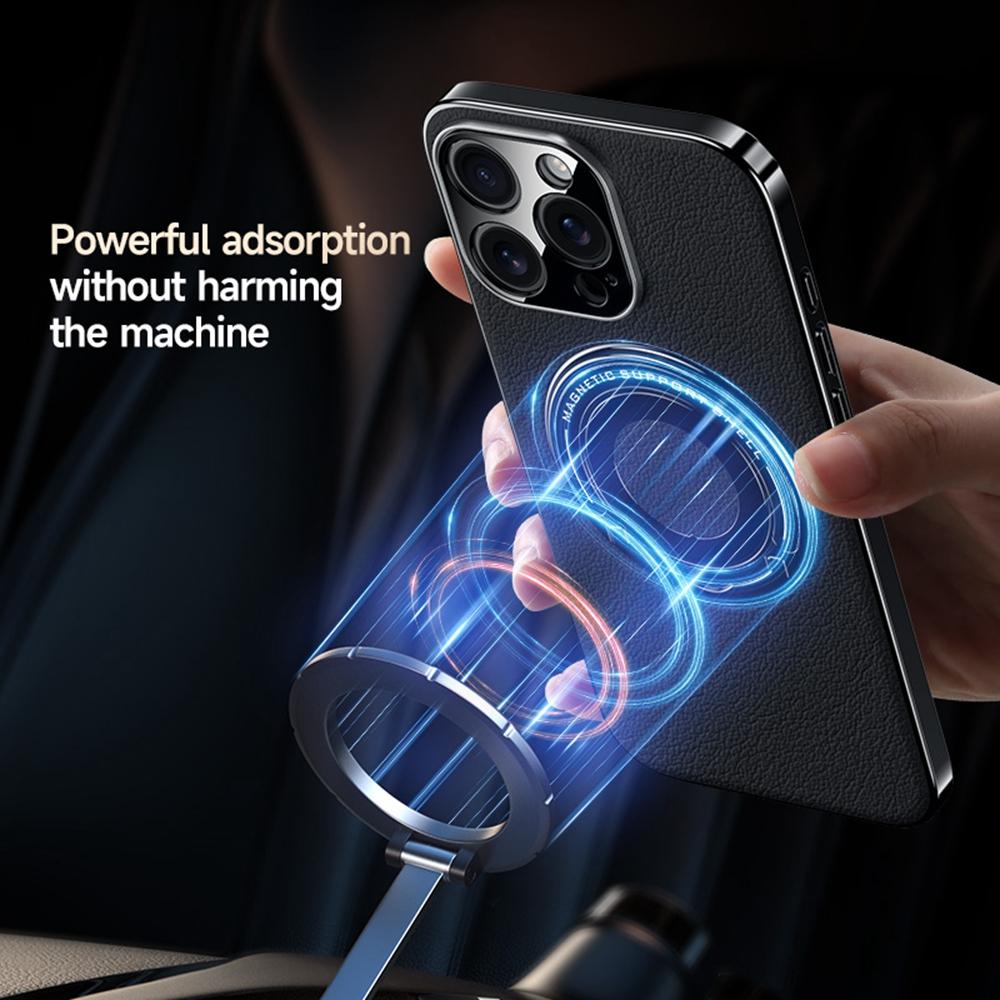 For iPhone 16 Pro Case Compatible with MagSafe Leather TPU Back Cover with Hidden Kickstand