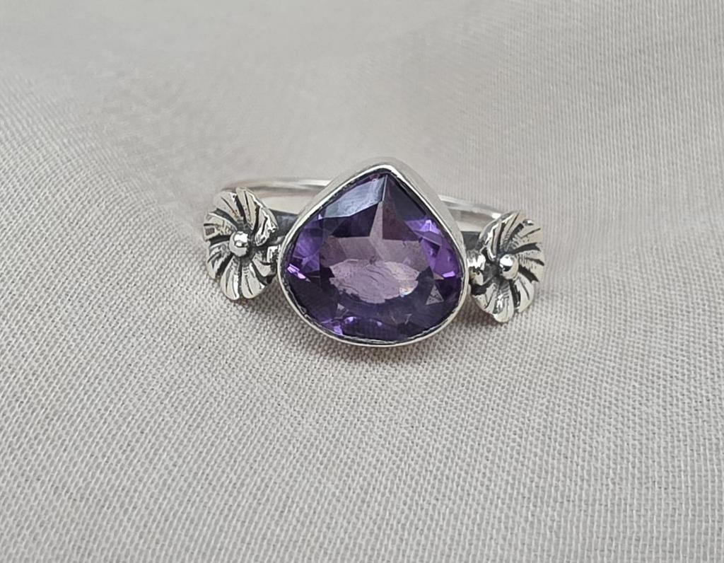 Amethyst Flower Ring, Sterling Silver Floral Boho Ring