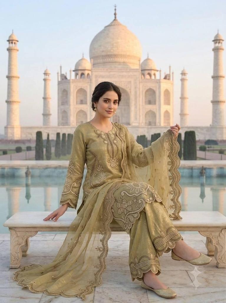 Regal Olive Gold Tissue Silk Embroidered Palazzo Suit Set
