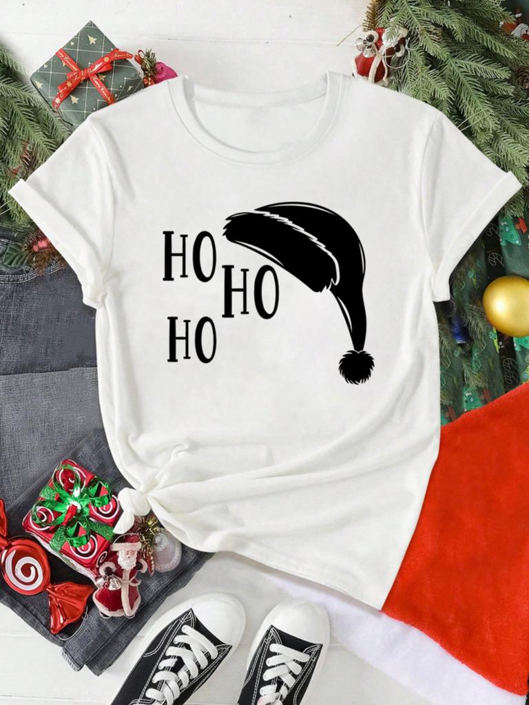 HO HO HO Christmas Hat Pattern Tshirt Loose Breathable Holiday Activities Shortsleeved Tshirt Unisex Women Unisex Casual Tops