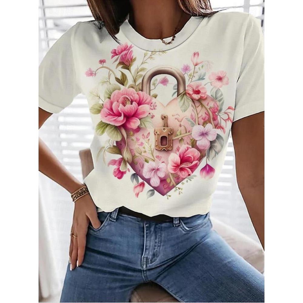 Women's T shirt Tee Rose Floral Casual Holiday Print Short Sleeve Fashion Crew