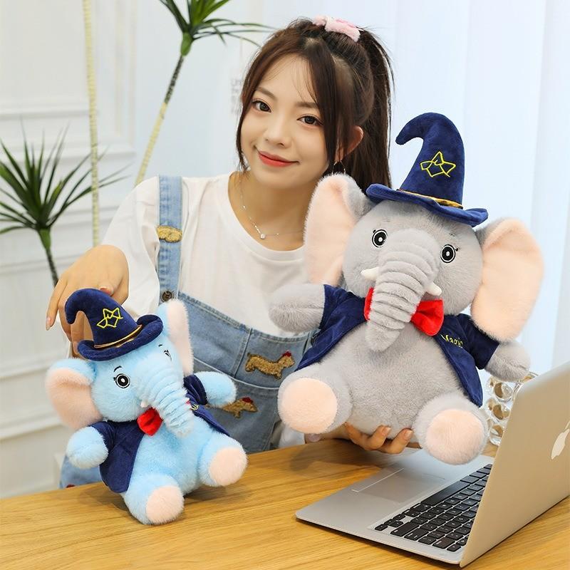 Plush Elephant Toy For Kids Soft Cartoon Sleeper Pillow With Wizard Hat And Bow Decor