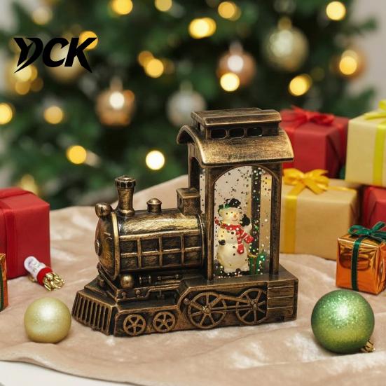 Niche Christmas Collectibles Snow Lantern Train with Santa/Snowman/Tree, Retro Steam Table Lamp, Figurine Battery Operated Swirling Water Glitter for