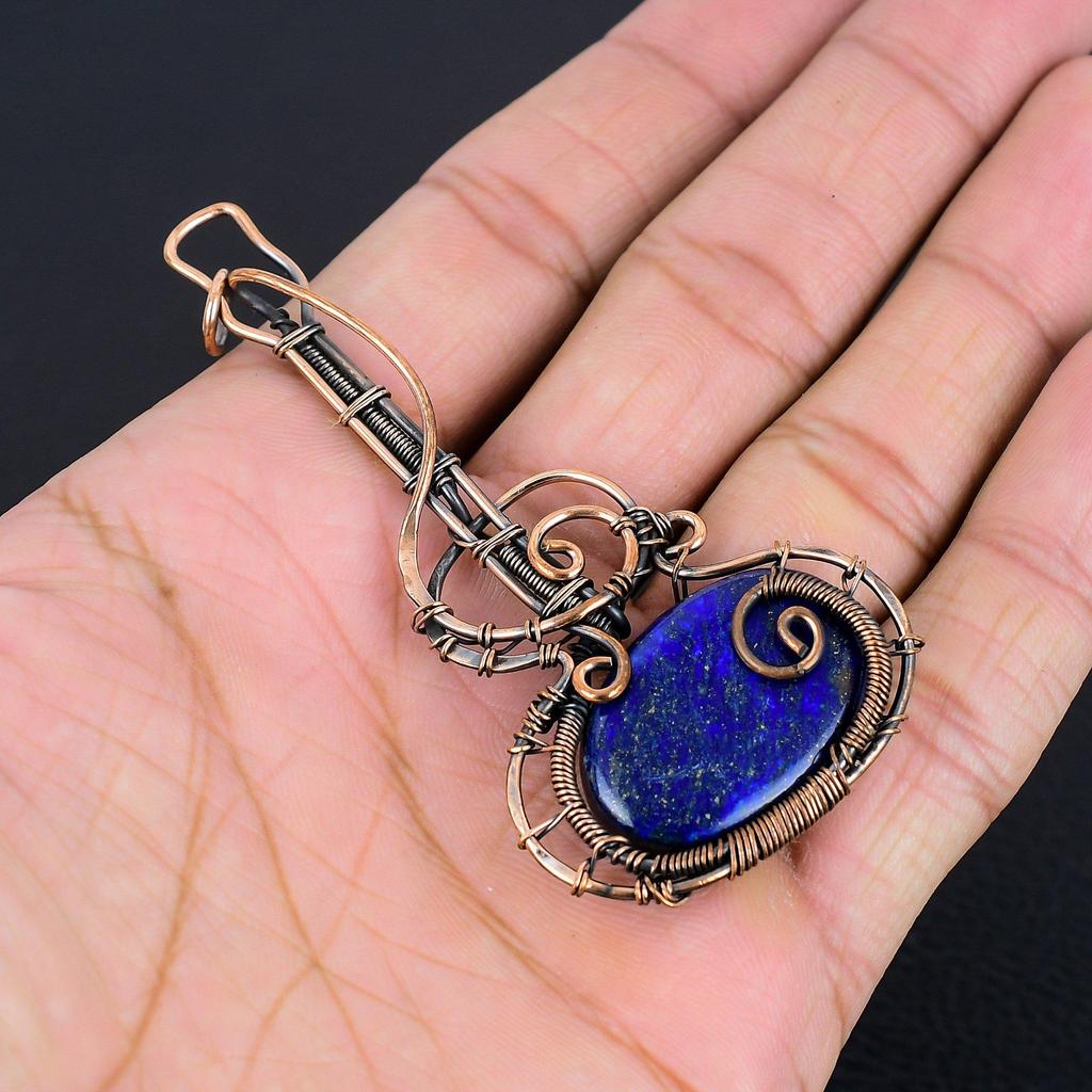 Подвеска из лазурита, ювелирное изделие из драгоценного камня ручной работы, подвеска, обернутая медной проволокой 999 пробы, ювелирная подвеска уникального дизайна