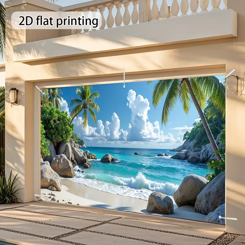 2D Seaside Tropical Backdrop, Sunny Beach & Rock Photography Background Cloth