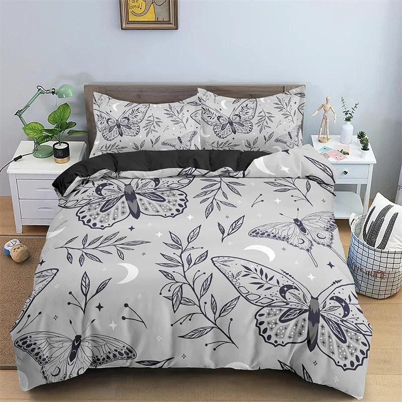 Butterfly Bedding Set Full King Size Hippie Boho Moth Duvet Cover Microfiber Animal Botanical Psychedelic Starry Sky Quilt Cover