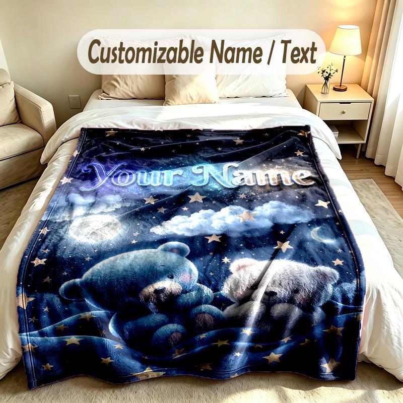 Teddy Bear Theme Custom Blanket Personalized Name & Text Customized Soft Warm Throw Blanket Home Decor