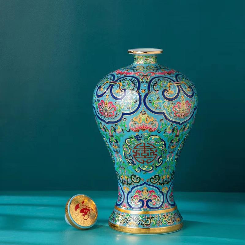 Изысканный орнамент-кувшин для вина с эмалью cloisonне в стиле «Фамиль Роуз», вместимостью 1 цзинь/5 цзиней