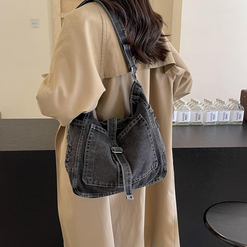 Large Capacity Women's Denim Shoulder Bags High Quality Sewing Thread Crossbody Bag