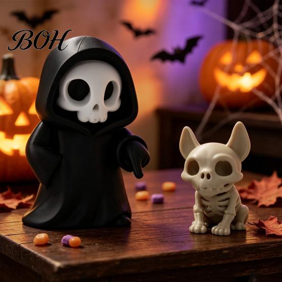 Small Gothic Collectible Figures Halloween Ghost with Skeleton Dog Statues, Skull Resin Niche Dark Aesthetic Room Decor Sculpture Ornaments,