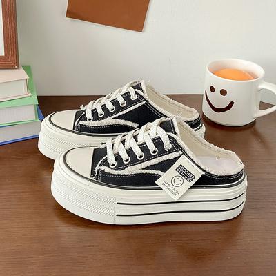 Баотоу тапочки женские летние 2025 новые парусиновые туфли универсальные студенческие ленивые полушлепанцы на толстой подошве ins тренд