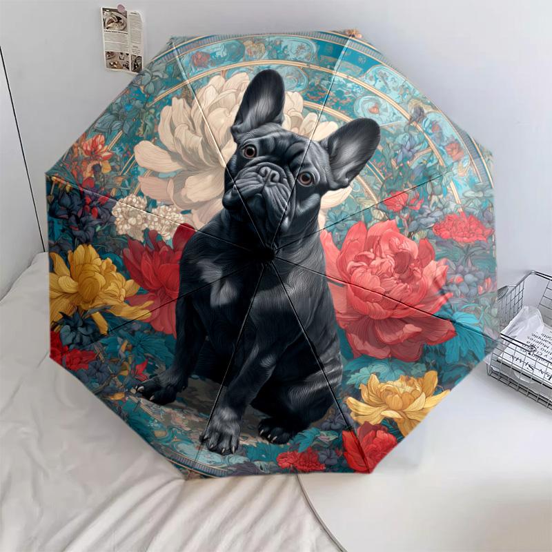 0106 Черный зонт-трость с цветочным узором и изображением собаки, автоматический складной, портативный и компактный дизайн, 8 спиц, рождественский или подарочный вариант.