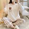 Winter Fleece Thick Women's Pajamas Set Cute Bear Plaid Long Sleeve Womens 2 Piece Outfit Set Printing Pijamas Set for Woman