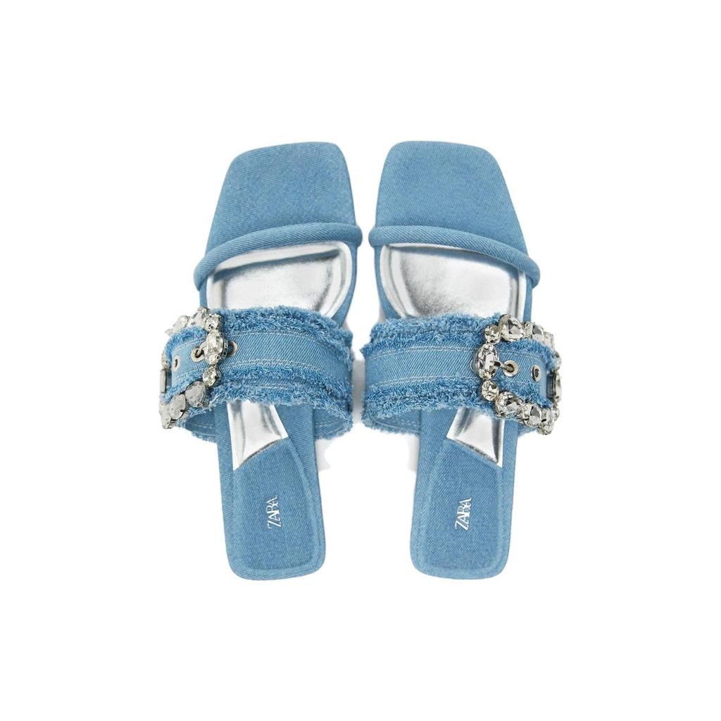 ZARA Denim Embellished Flat Slide Sandals Blue Womens 2648210043
