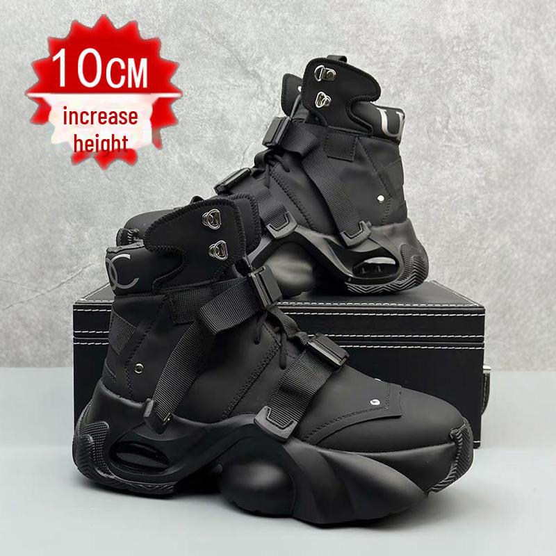 2024 Men's White High-Top Shoes with 12cm Invisible Height Increase, Air Cushion, Thick Sole, Fashionable Dad Sneakers