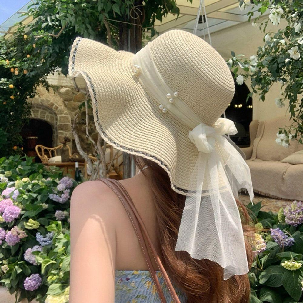 Весна-лето кружевная соломенная шляпа с жемчугом, большие поля, женская соломенная шляпа с бантом и лентой для девочек