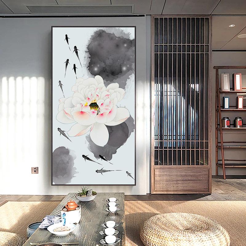 Абстрактная картина в китайском стиле с рыбой кои и лотосом, холст с принтом, плакат, фэн-шуй, настенная художественная картина для гостиной, домашнего офиса, декор