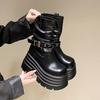 Модные зимние теплые короткие ботинки 10 см на толстом каблуке для женщин, новые кожаные кроссовки средней длины, модные мотоциклетные ботинки с пряжкой, меховая зимняя обувь