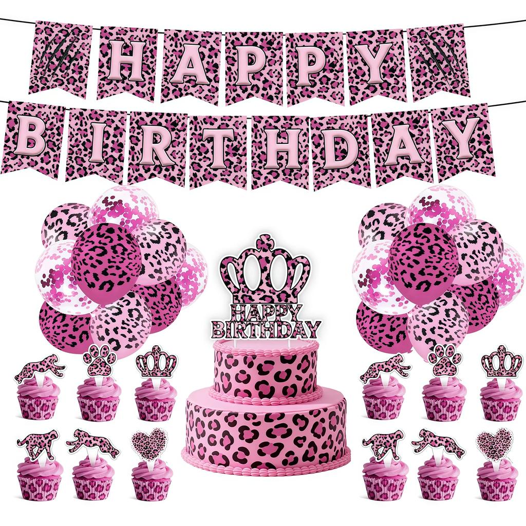 Pink Leopard Birthday Party Decoration Animal Leopard Theme Tableware Cup Plate Banner Balloons Birthday Party Supplies Gifts
